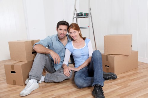 Packed office furniture and business equipment ready for transport