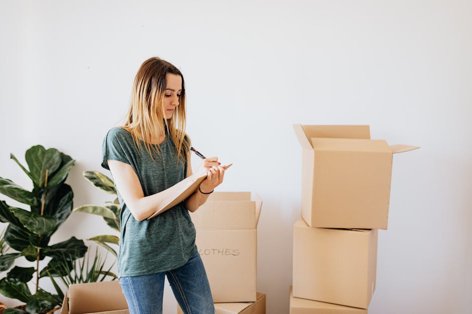 A young woman with long, blonde hair stands indoors, wearing a casual grey t-shirt and blue jeans, taking notes on a notepad with a pen. She is surrounded by several open cardboard boxes, some labeled for clothing, placed on the floor and stacked against the wall. A large, leafy houseplant is visible to her left, adding greenery to the minimalist, well-lit interior with a plain white wall background. The scene depicts the packing or organizing stage of a home relocation, with the woman preparing items for moving, relevant to house removals and furniture transport services offered by Man With a Van Dartford. The environment suggests a professional move-in or moving-out process, emphasizing the packing, preparation, and logistical aspects of home relocation.