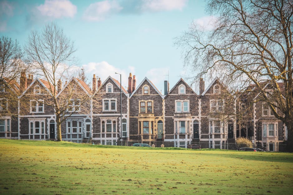 A row of Victorian-style terraced houses made of grey stone with white window frames and decorative elements, situated behind a large grassy park area with a few leafless trees. The houses feature gabled roofs with chimneys, and some have bay windows on the ground and first floors. The sky is clear with a few clouds, and the sunlight illuminates the scene. In front of the houses, there is a paved area where a man with a van, part of Man With a Van Dartford, appears to be engaged in house removals or furniture transport activities, with some cardboard boxes and furniture blankets visible on the pavement. The setting indicates a typical residential neighbourhood in Dartford, with a focus on home relocation and moving logistics.